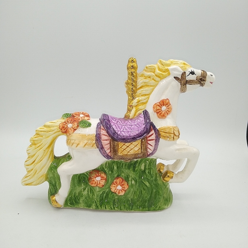 Ceramic Carousel Horse Hand Painted Figurine 24k Gold Trim  Vintage